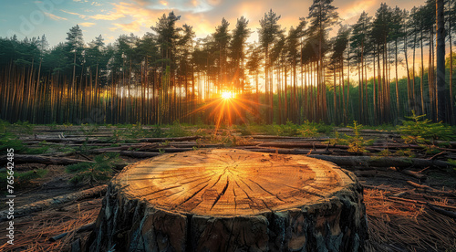 A recently felled pine tree stump in the foreground. Rows of pine trees in the background with gorgeous rays of sunlight. Generative AI.
