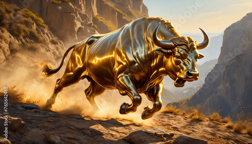 a bull is running on a rocky mountain side in a golden color