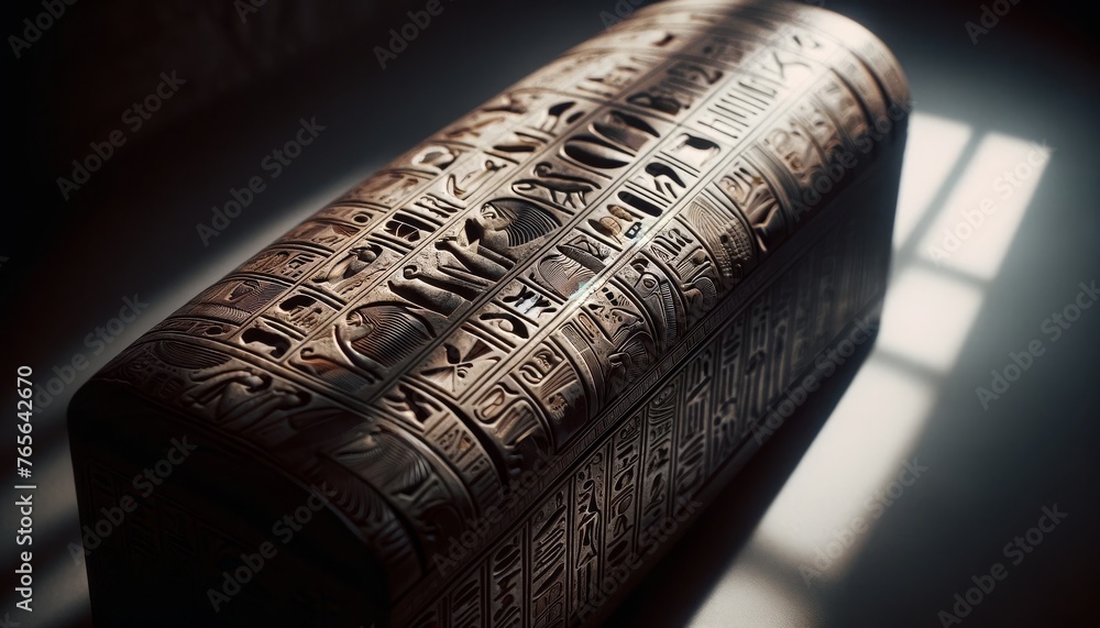 A close-up image focusing on the intricate hieroglyphs of an ancient Egyptian sarcophagus. A close-up image focusing on the intricate hieroglyphs of an ancient Egyptian sarcophagus.