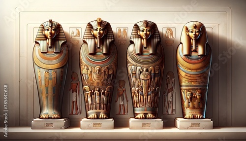 An illustration showcasing a comparison of different types of Egyptian sarcophagi from various dynasties. photo
