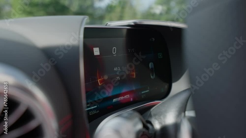 Luxury Sport Car Digital Dashboard Close-Up, Leather Steering Wheel, Odometer, Speedometer 