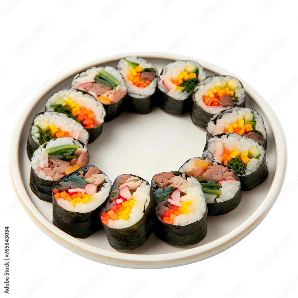 front view of Kimbap with colorful rolls of seaweed-wrapped rice filled with a variety of vegetables, pickled radish, and either beef or crab, sliced into bite-sized pieces, white transparent front view of Kimbap with colorful rolls of seaweed-wrapped rice filled with a variety of vegetables, pickled radish, and either beef or crab, sliced into bite-sized pieces, white transparent