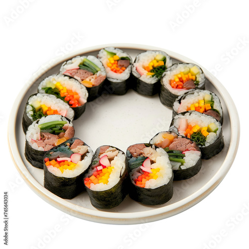  front view of Kimbap with colorful rolls of seaweed-wrapped rice filled with a variety of vegetables, pickled radish, and either beef or crab, sliced into bite-sized pieces, white transparent 