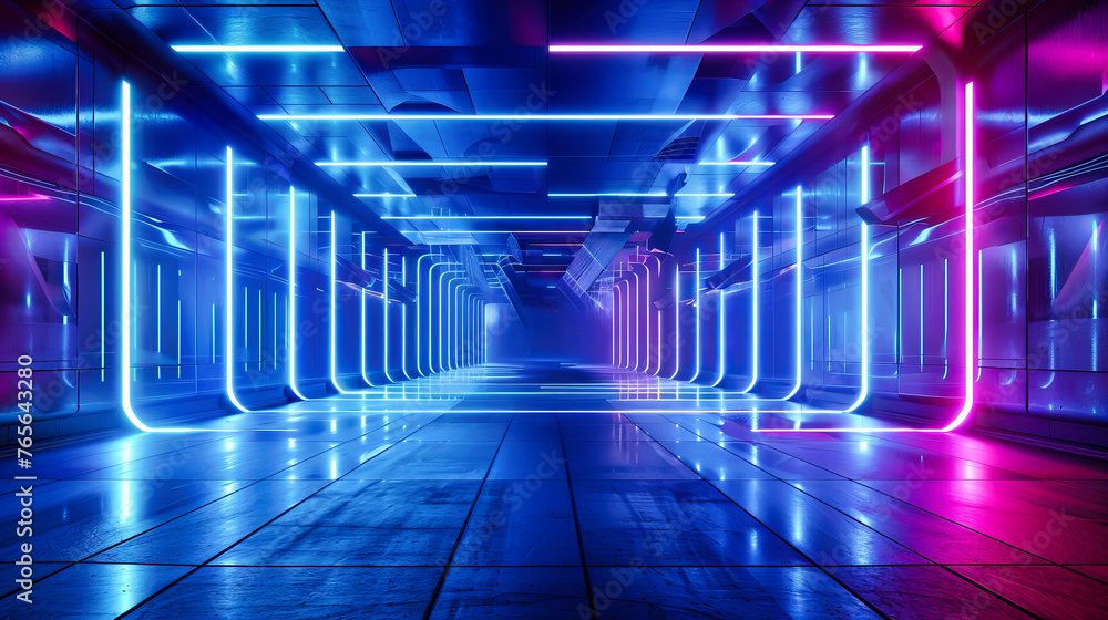 Modern blue tunnel with neon lights, presenting a futuristic design concept with glowing LED lights in a geometric and abstract space