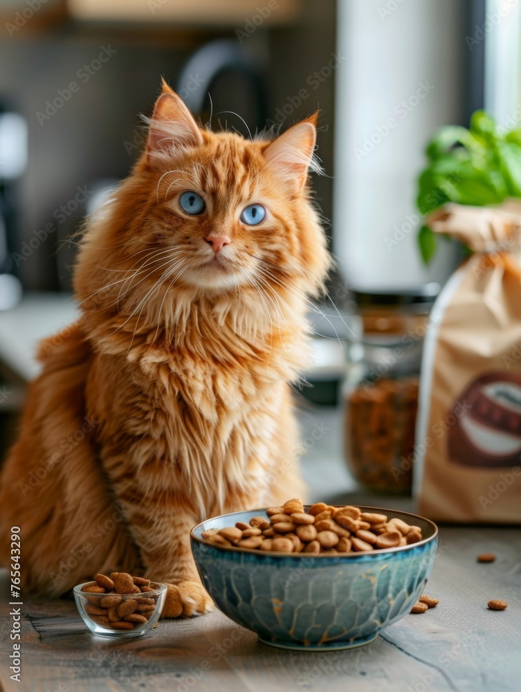 beautiful fluffy happy red cat with blue eyes sits next to a bowl of cat food, next to a packed cat food. ai generated