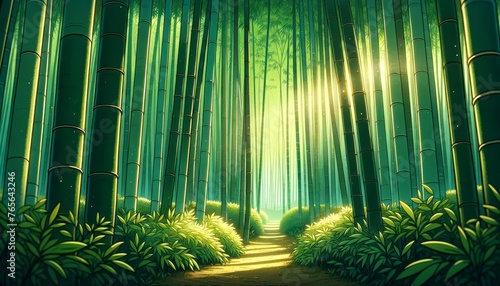 A serene bamboo grove  focusing on the vertical lines and varying shades of green  with light streaming through the dense foliage.