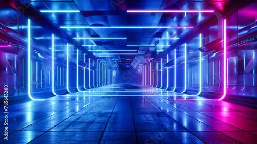 Modern blue tunnel with neon lights, presenting a futuristic design concept with glowing LED lights in a geometric and abstract space