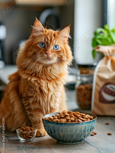 beautiful fluffy happy red cat with blue eyes sits next to a bowl of cat food, next to a packed cat food. ai generated