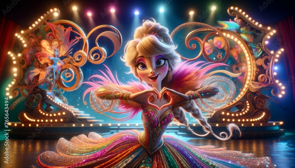 The image portrays an animated character with a whimsical and vibrant appearance, resembling a dancer in a dynamic pose.