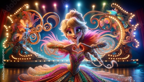 The image portrays an animated character with a whimsical and vibrant appearance, resembling a dancer in a dynamic pose.