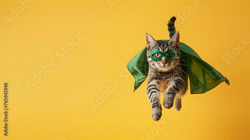 superhero cat, Cute grey tabby kitty with a green cloak and mask jumping and flying on a light yellow background