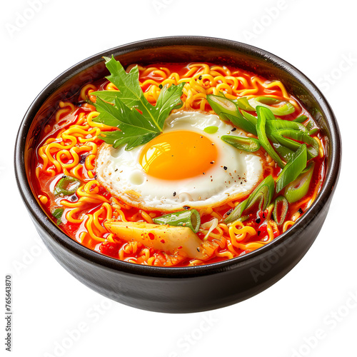 Front view of Kimchi Ramen with Korean instant ramen noodles in a spicy kimchi broth, garnished with vegetables and often topped with a fried egg isolated on a white transparent background