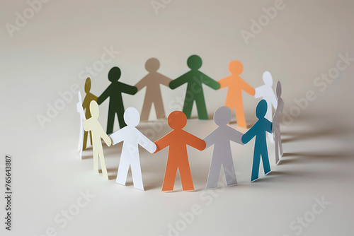 White paper figures of people standing in a circle, holding hands, on a neutral background