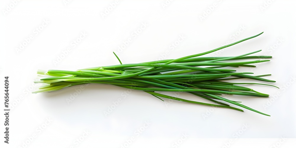 A vibrant bundle of fresh green chives sit atop a clean white background their slender stems and delicate leaves A vibrant bundle of fresh green chives sit atop a clean white background their slender stems and delicate leaves