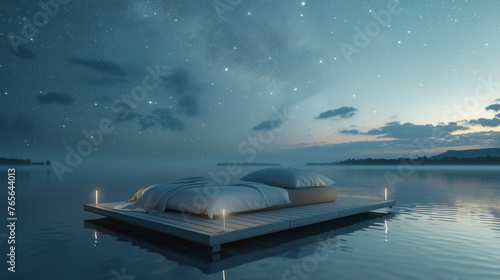 3D model of a floating bed on a tranquil lake minimalist design focusing on unobstructed views of the sky photo