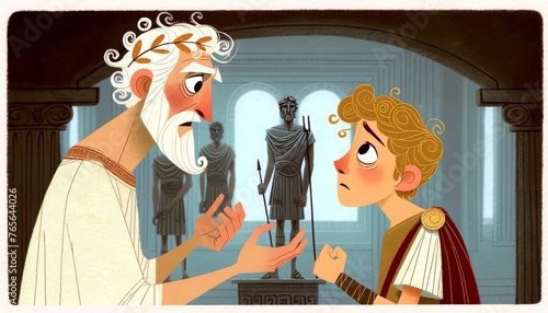 A whimsical, animated art style scene capturing the intense moment when Helenus warns Paris against taking Helen to Troy. photo