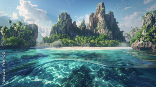 3D panoramic view of a deserted island from the sea showcasing the diverse landscapes from sandy beaches to rugged cliffs and dense jungle