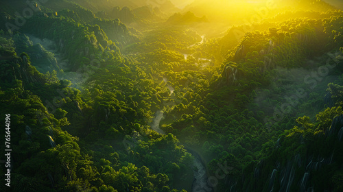 A 3D aerial view of a deep forest valley a small river carving its way through the dense canopy