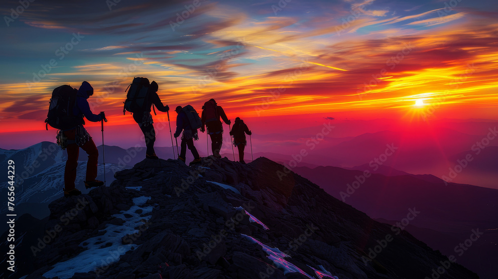 A team of climbers reaching the summit at sunrise silhouetted against the fiery sky