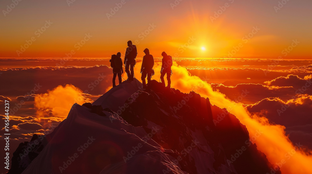 A team of climbers reaching the summit at sunrise silhouetted against the fiery sky