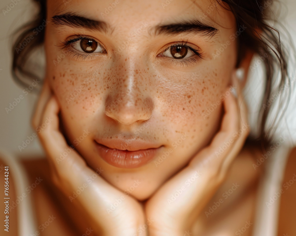 A young woman with a serene expression subtle makeup A young woman with a serene expression subtle makeup