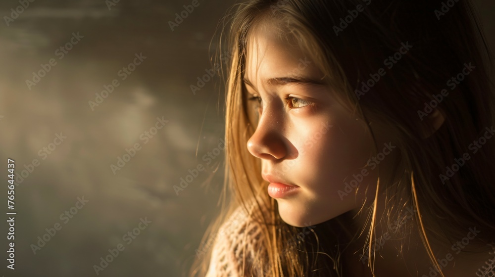 Thoughtful girl looking out the window, bathed in warm sunlight.