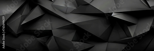 Black abstract background with low poly geometric shapes, dark monochrome wallpaper for design , black Geometric shapes ,banner