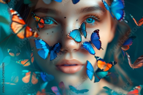 Human mind with flowers and butterflies growing positive thinking, creative mind, self care and mental health concept. Generative AI. photo