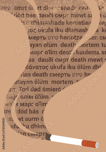 No Tobacco Day. Poster depicting a cigarette from which smoke comes out, inside which the word death is written in different languages. Retro style. Textured vector illustration. Concept Stop Smoking