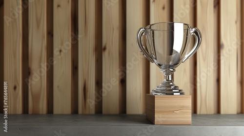 A transparent glass trophy sits on a wooden podium against a wood grain background. photo