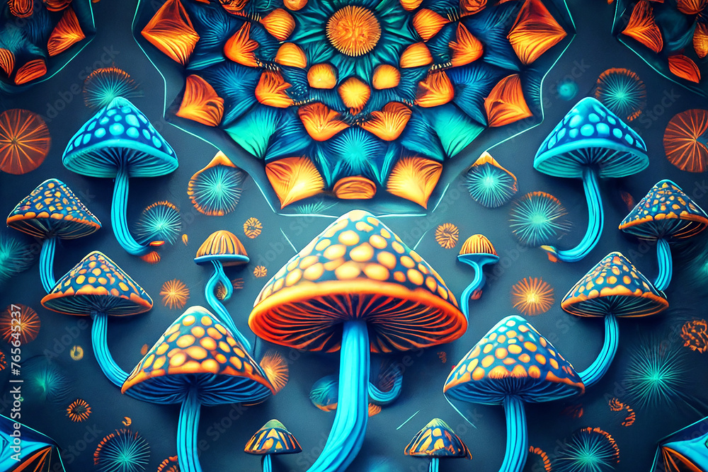 Psychedelic geometry, psychedelic mushrooms. Background.