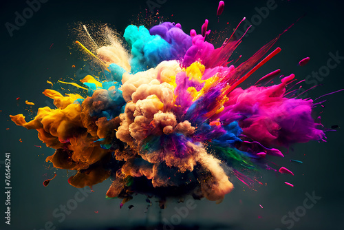 An explosion of multicolored paint, a cloud of dust. black background. 