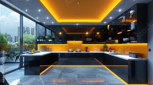 Black and yellow kitchen in avant-garde style with a yellow ceiling light  in the style of light silver. Generative AI.