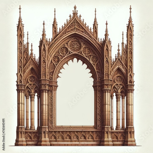 An image of a picture frame in the shape of a Gothic arch, complete with pointed arches and intricate carvings reminiscent of medieval cathedra. photo