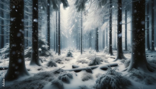 A serene and beautifully composed forest scene showcasing the gentle beauty of a snowfall.