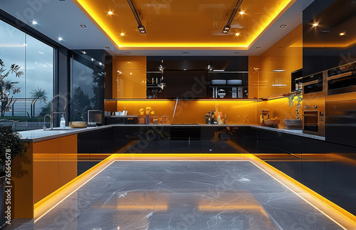 Black and yellow kitchen in avant-garde style with a yellow ceiling light  in the style of light silver. Generative AI.