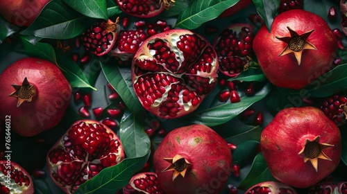 Pomegranate Close-Up with Vibrant Seeds and Leaves