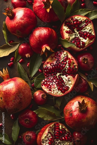Pomegranate Close-Up with Vibrant Seeds and Leaves