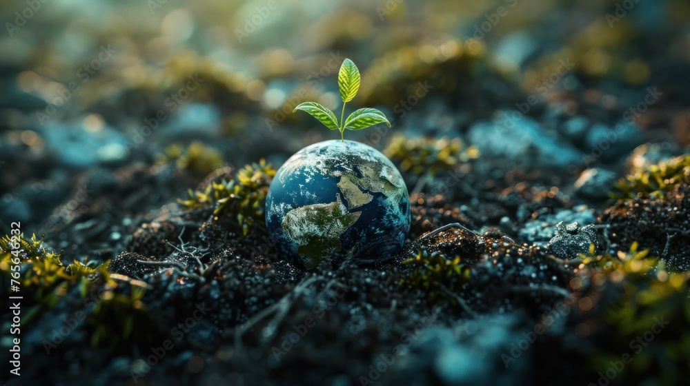 A conceptual image of a young plant sprouting from a globe, illustrating the idea of global growth and renewable energy. A conceptual image of a young plant sprouting from a globe, illustrating the idea of global growth and renewable energy.