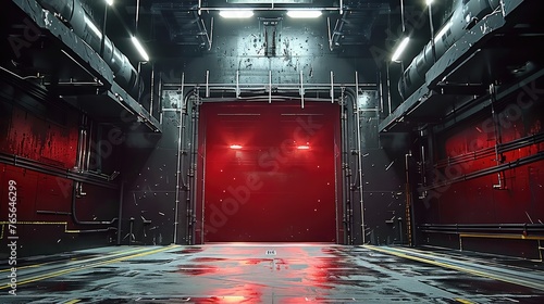 A massive elevator door with red siren above. Inside massive, dark, underground mech hangar. Generative AI. photo