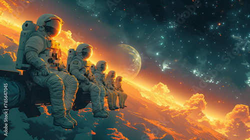 An illustration in vector style of a group of astronauts sitting on a satellite beam in space, Earth's curvature visible in the backdrop