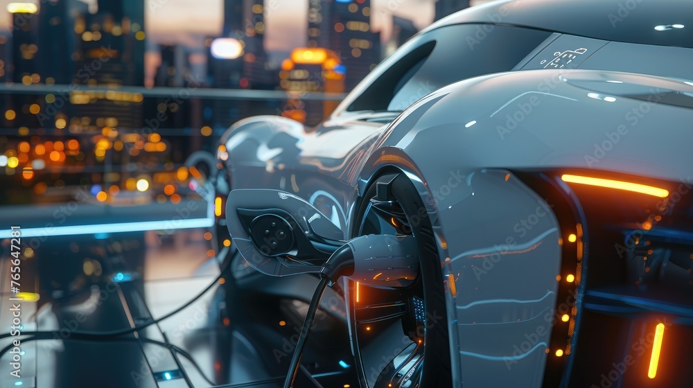 A futuristic and innovative of power supply connected to electric vehicle charge battery, close up. Generative AI.