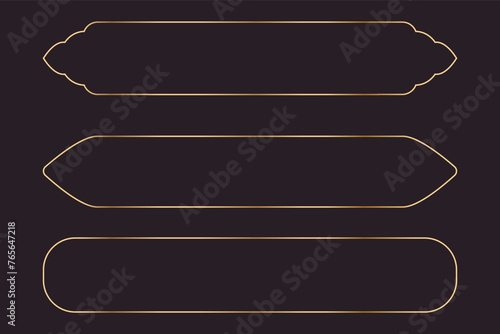 Set long frame thin line gold border shiny panel empty interface fantasy game menu isolated on dark background. Elegant medieval metal design.  photo