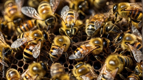 The queen of the hive, the apis mellifera, marked with a distinctive dot, commanding the attention of her devoted bee workers as they go about their busy lives in the colony - a stunning visual repres