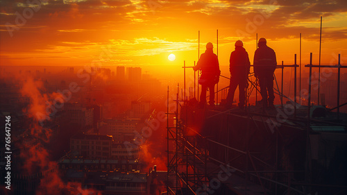 Laborers cast as silhouettes on a building's framework, the sun's disk hanging low on the horizon behind them, amidst a sky streaked with gold and amber