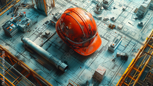 High-resolution vector image capturing the essence of construction planning, with abstracted blueprint rolls and a minimalist helmet icon, rendered in a modern art style.