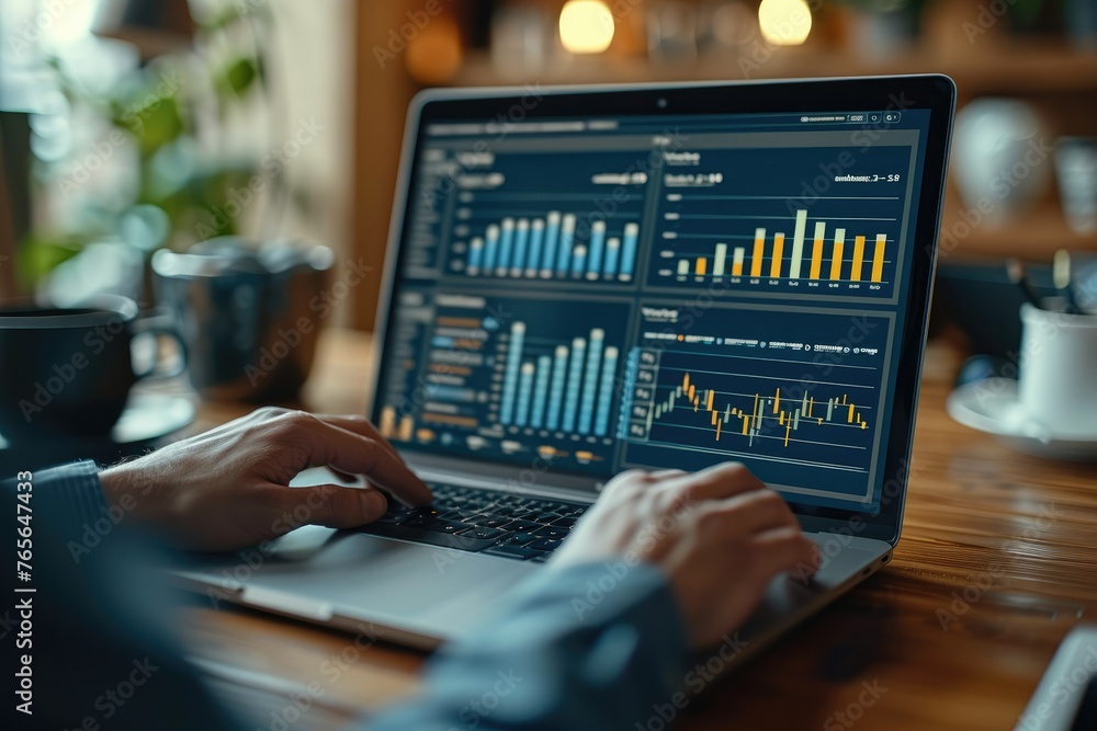 An accountant analyzes business data, graphs, and diagrams on a laptop screen at office. Generative AI. An accountant analyzes business data, graphs, and diagrams on a laptop screen at office. Generative AI.