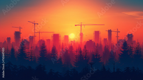 Vector illustration of minimalist cranes and skeletal structures against a gradient dusk sky, their forms reduced to clean lines and shapes in a monochromatic palette