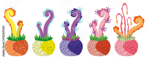 Monster Plants in Flowerpots Set Illustration. Vector Fantasy Scary Colorful Botany Collection. Botanical Objects with Predators Isolated on White. Alien and Fantastic Floral Design Graphic Art.