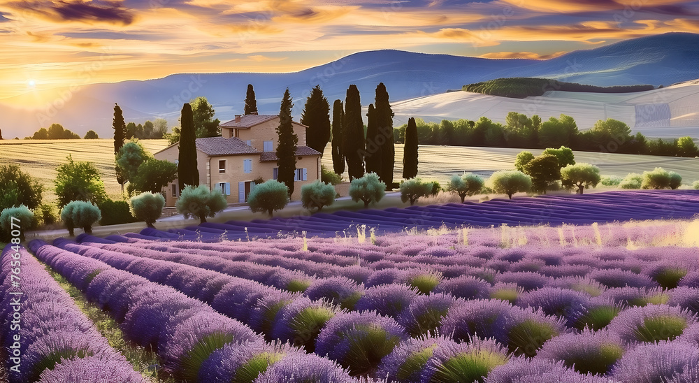 French lavender flowers field, traditional house and mountains at sunset. - obrazy, fototapety, plakaty 